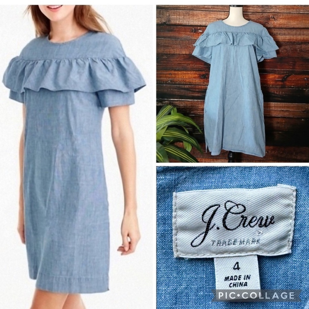 J.Crew Edie Chambray Ruffle Shift Cotton Yoke Dress –With Pockets -  Size 4‎